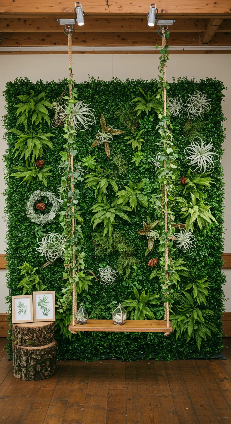 Photobooth met groene plantenwand, houten schommel, boomstronken en plantenterraria.