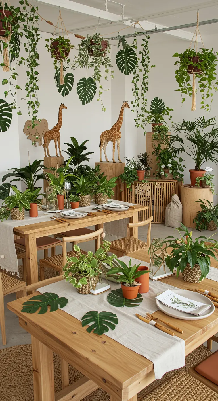 Jungle thema kinderverjaardag met veel planten en houten meubels.