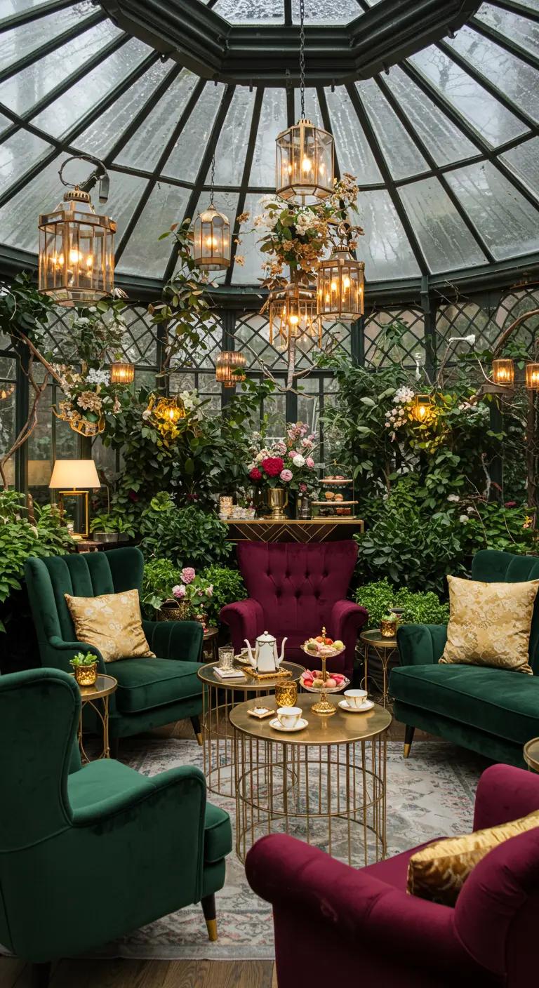 Kas met groene en bordeauxrode fluwelen stoelen, gouden lantaarns.