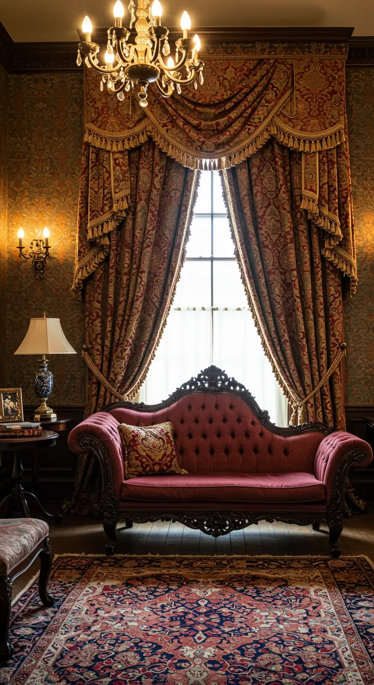 Rijk versierde, barokke woonkamer met rode en gouden gedrapeerde gordijnen en een fluwelen sofa.