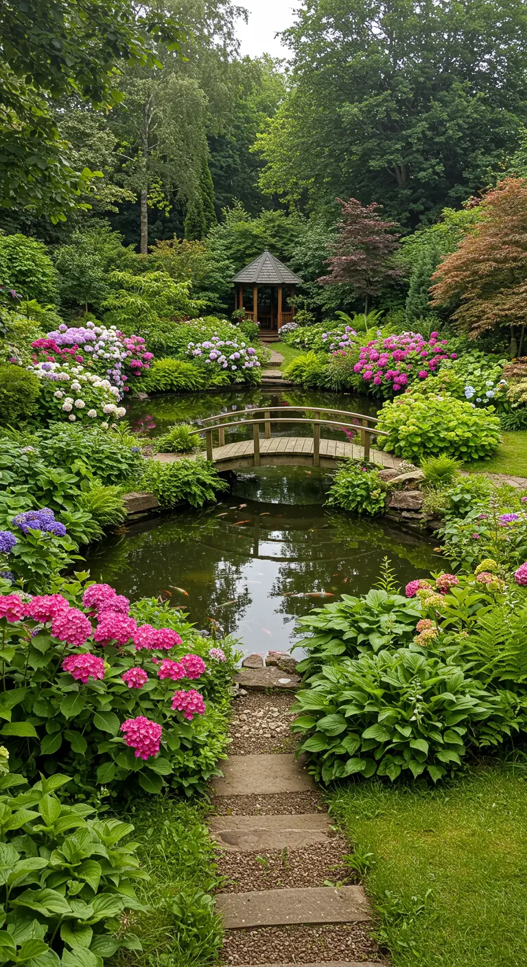 Grote weelderige tuin met natuurlijke vijver, houten brug en bloeiende hortensia's.