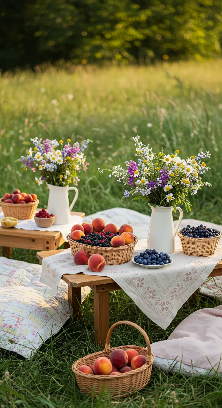 Zomerse picknick in bloemenweide met lage tafels, fruitmanden en vazen met wilde bloemen.