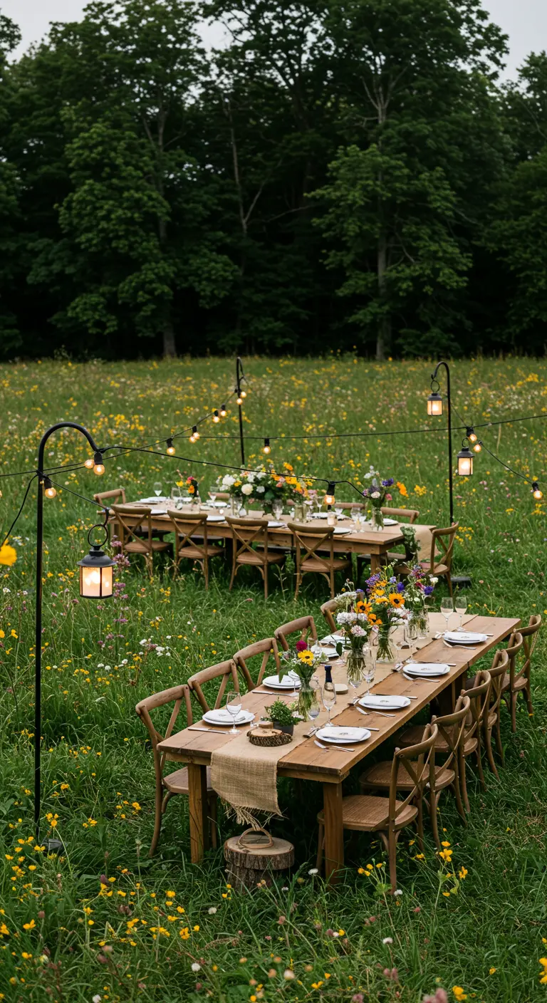 Bruiloftsdiner in een bloemenweide met houten tafels en lichtslingers.