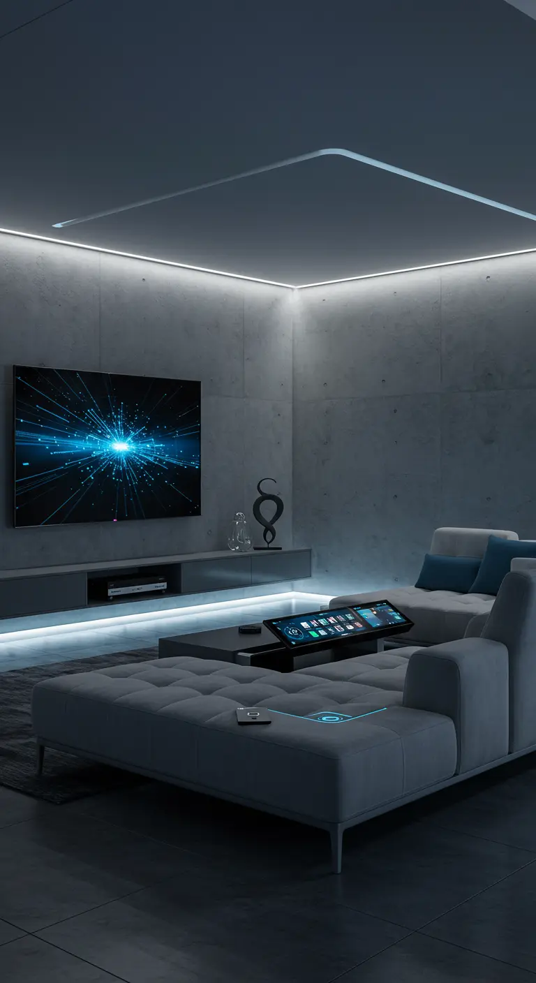 Donkere, futuristische woonkamer met LED-verlichting, groot scherm en strakke meubels.