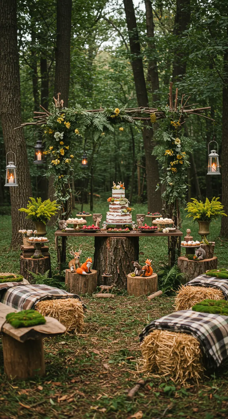Rustieke gender reveal met bosdierenthema, natuurlijke elementen en strobalen.