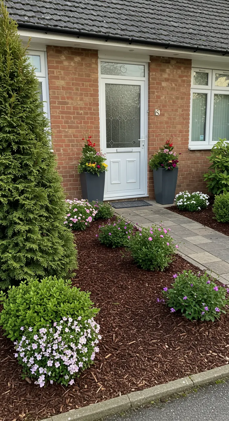 Voortuin met bloeiende planten in perken en twee grote bloembakken bij de voordeur.