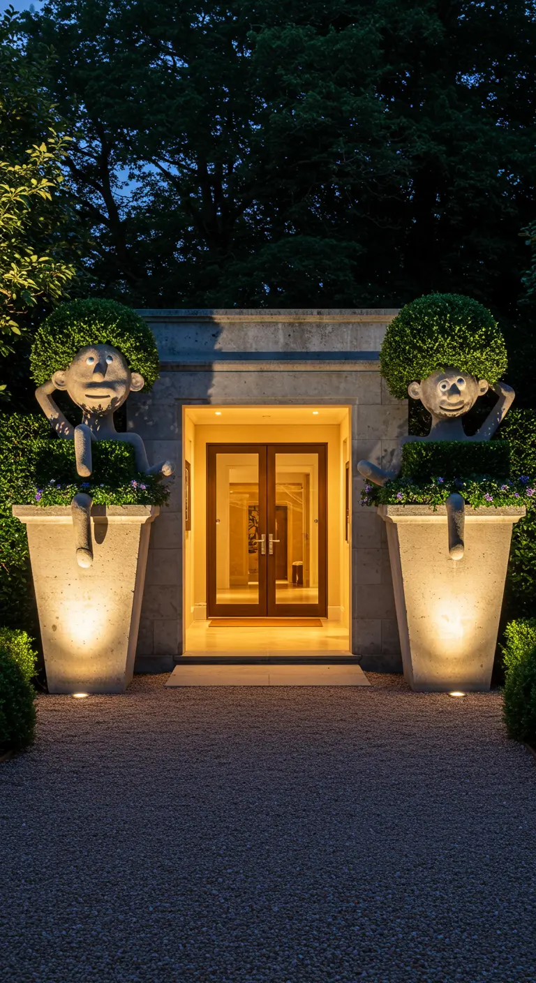 Entree 's avonds met twee grote, verlichte stenen potten waaruit figuren met 'haar' van planten kijken.