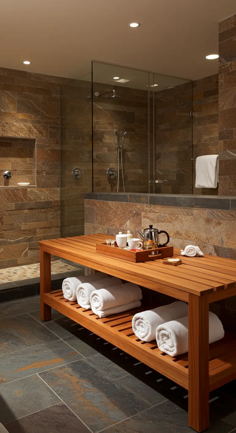 Houten bankje met plank eronder, opgerolde witte handdoeken, in spa-achtige badkamer.