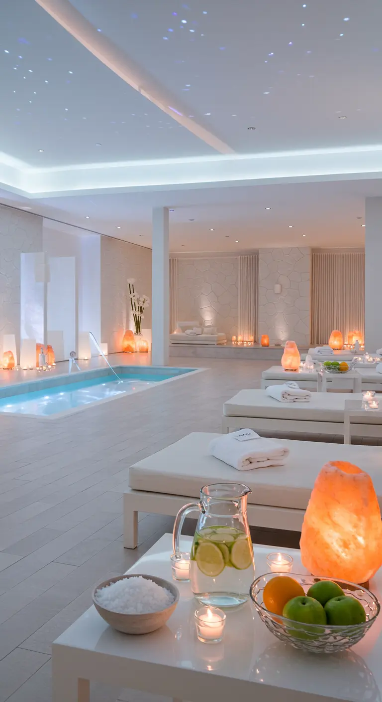 Wellness ruimte met zachte verlichting, zoutlampen, kaarsen en een zwembad.