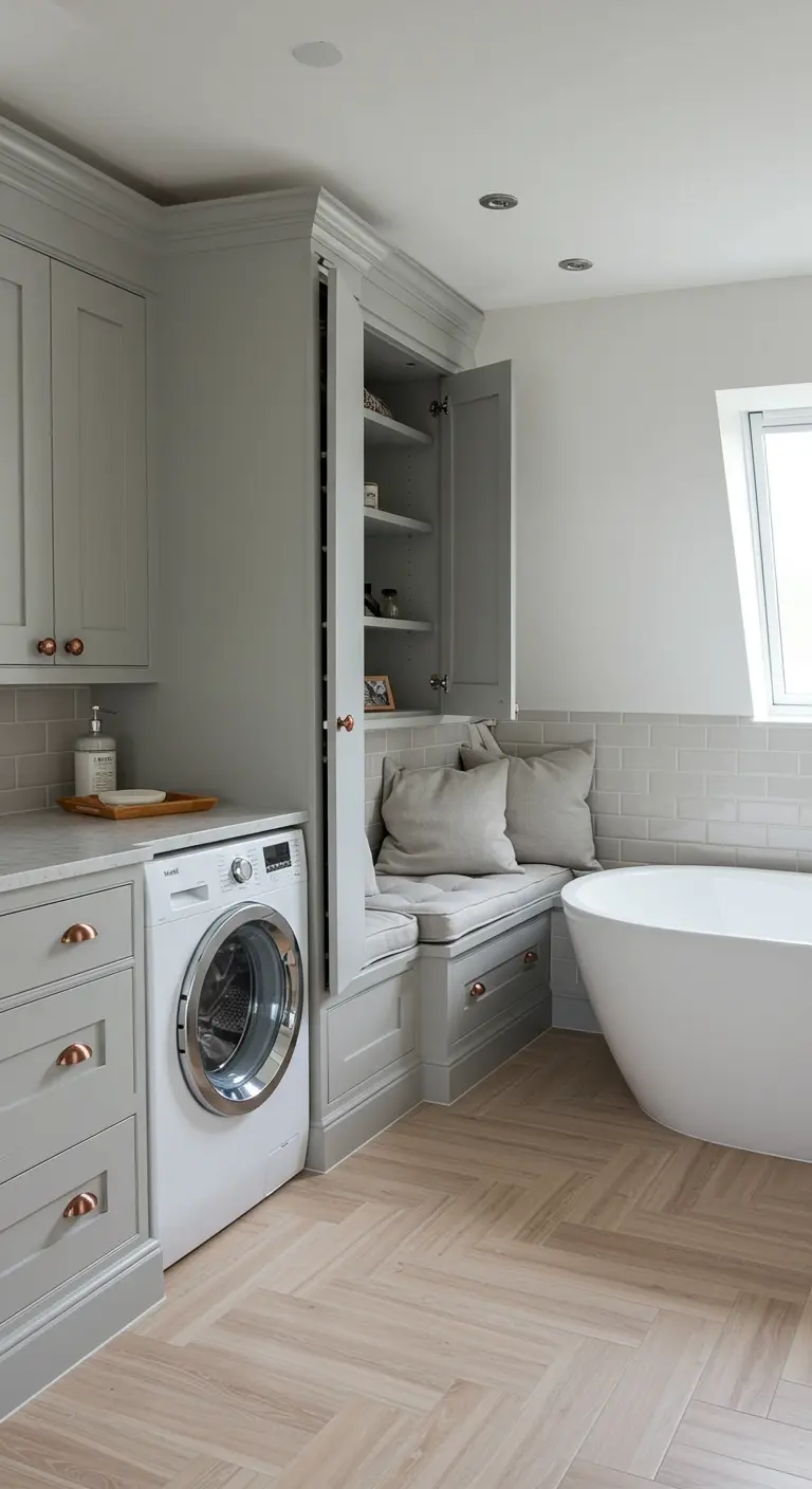 Wasmachine naast een ingebouwde zitbank met kussens in een stijlvolle badkamer.
