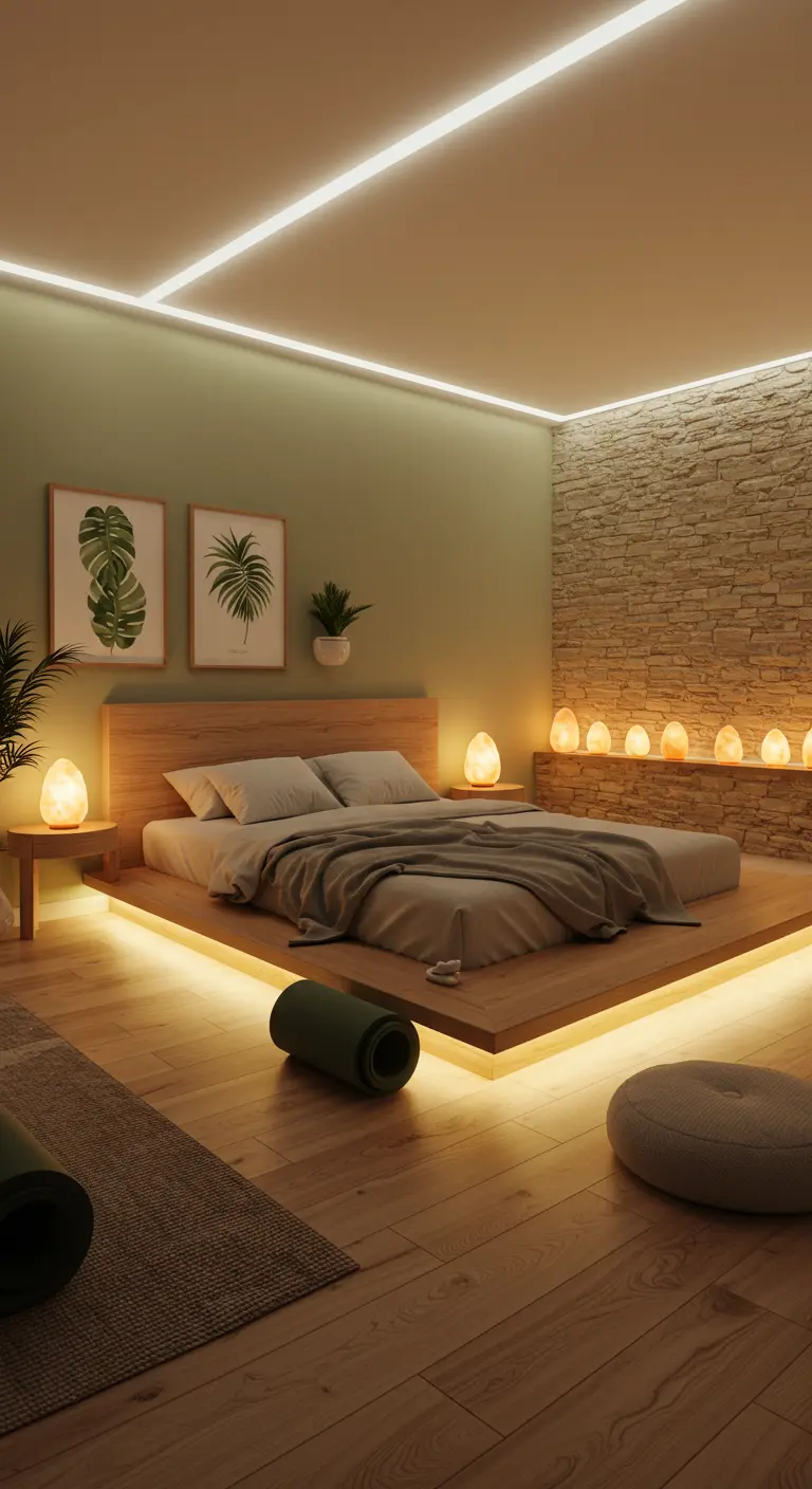 Rustgevende slaapkamer met meerdere Himalaya zoutlampen en zachte LED-verlichting onder het bed.