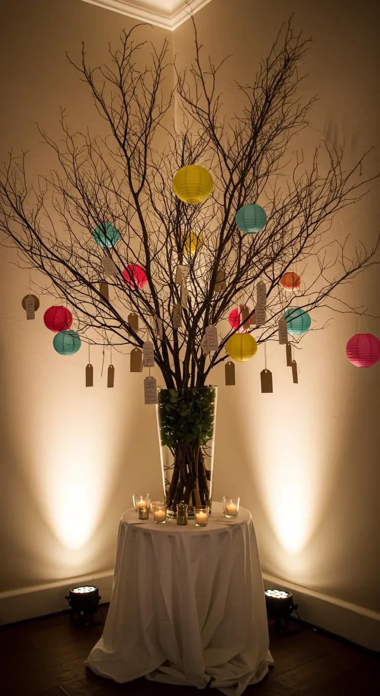 Wensboom van takken in een vaas, versierd met lampionnen en wenskaartjes.