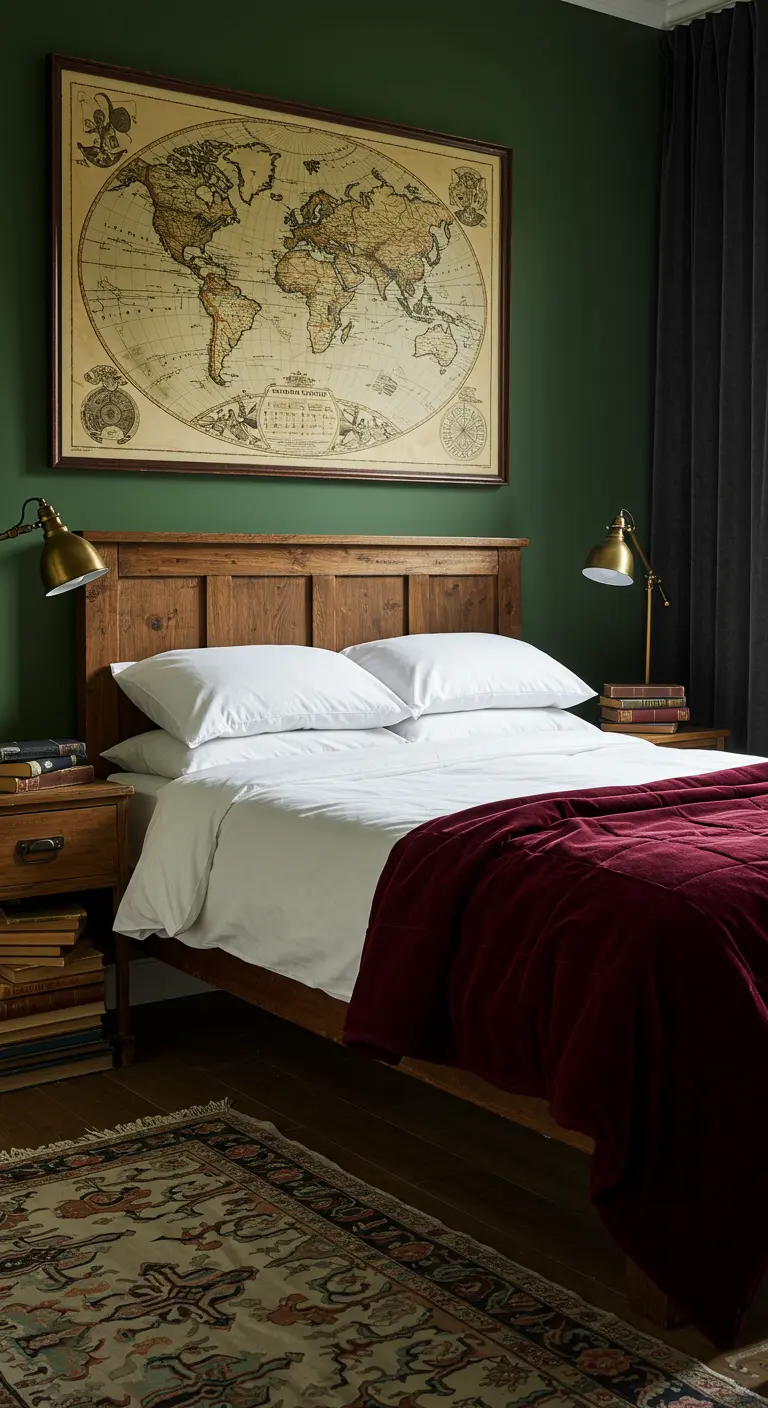 Slaapkamer met grote vintage wereldkaart boven een houten bed.