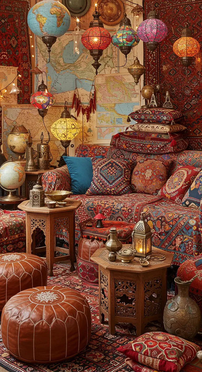 Woonkamer in bazaar-stijl met kleurrijke kleden, oosterse lantaarns en wereldkaarten.