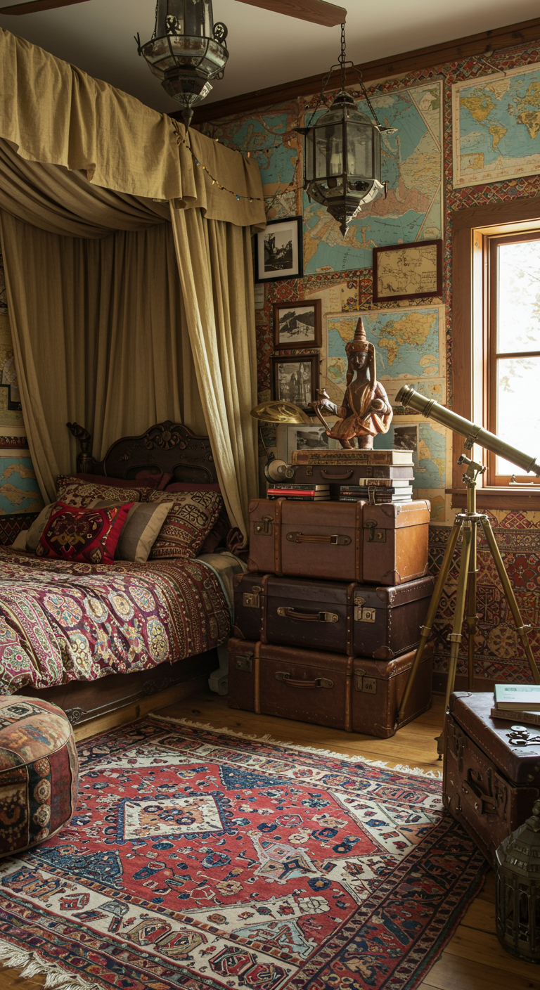 Bohemian slaapkamer met gestapelde vintage koffers en wereldkaartdecoratie.