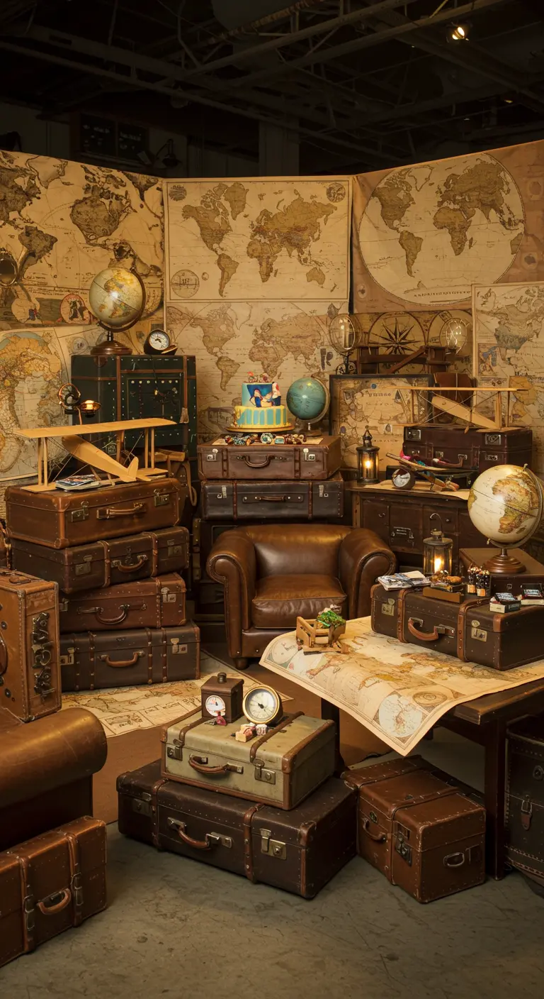 Verjaardagsthema ontdekkingsreiziger met wereldkaarten en vintage koffers.