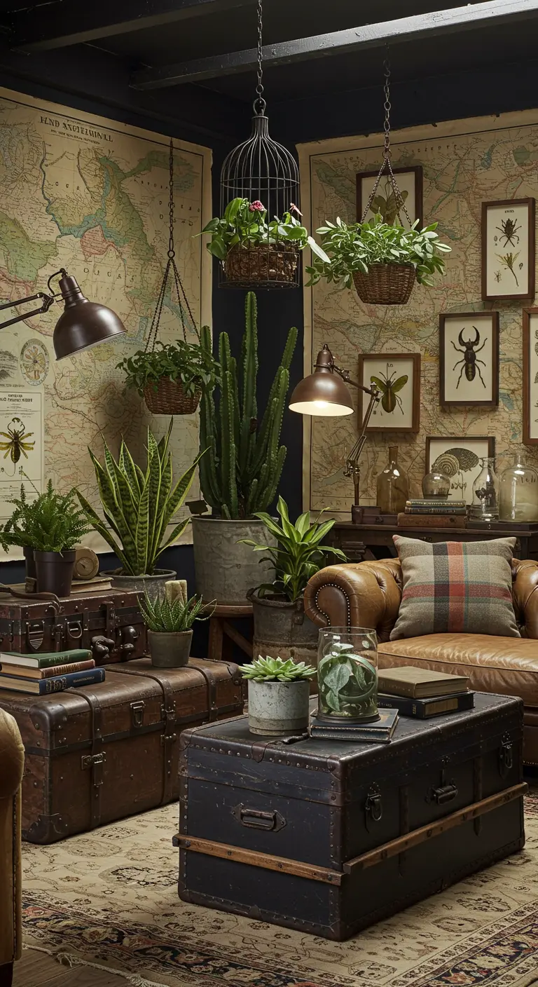 Wereldreiziger-stijl woonkamer met oude landkaarten, leren bank, en veel planten.