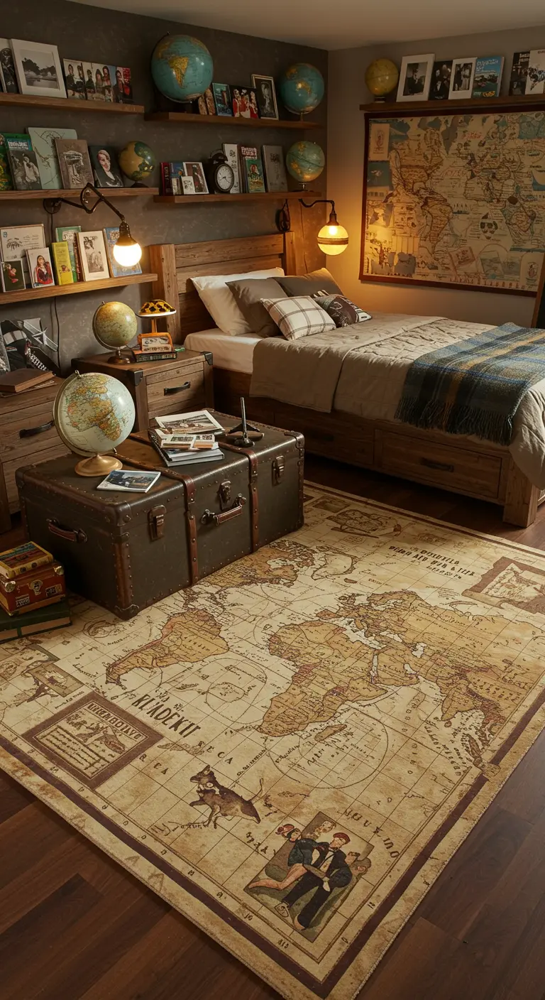 Slaapkamer met reisthema en een groot vloerkleed met een vintage wereldkaartprint.