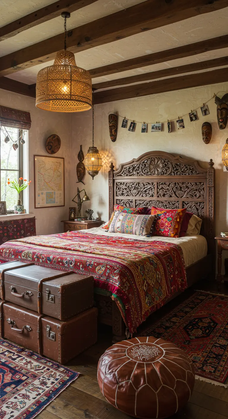 Eclectische boho slaapkamer met gesneden houten hoofdbord, koffers en wereldse decoratie.