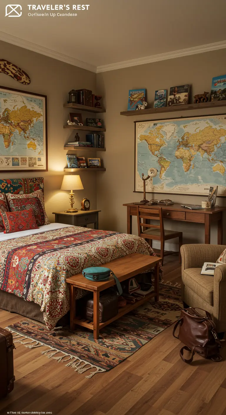 Logeerkamer met reisthema, wereldkaarten aan de muur en souvenirs.