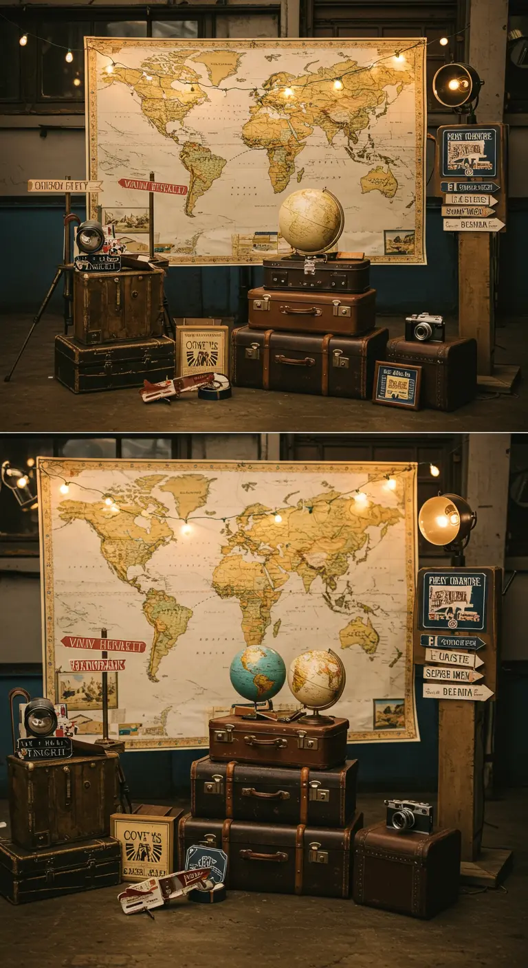 Reisthema photobooth met wereldkaart, gestapelde koffers, globes, vintage camera's en wegwijzers.