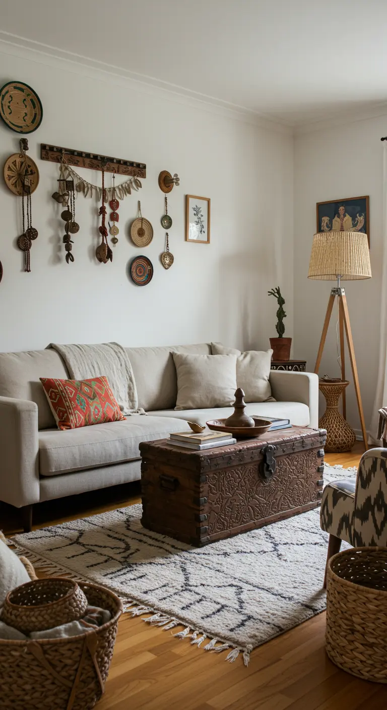 Woonkamer met wereldse invloeden, oude kist als salontafel en etnische wanddecoratie.