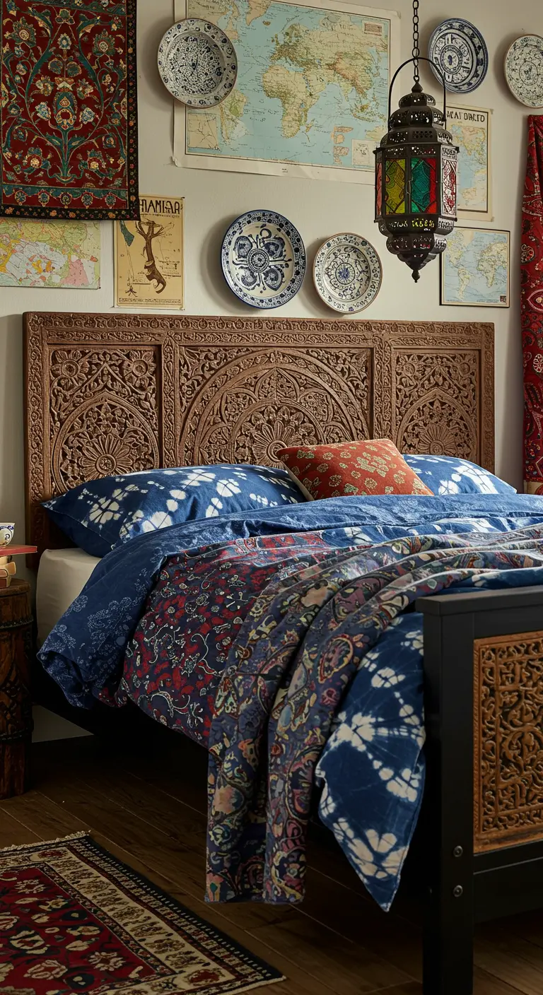 Donker bedframe met een prachtig bewerkt houten hoofdbord met oosterse patronen.