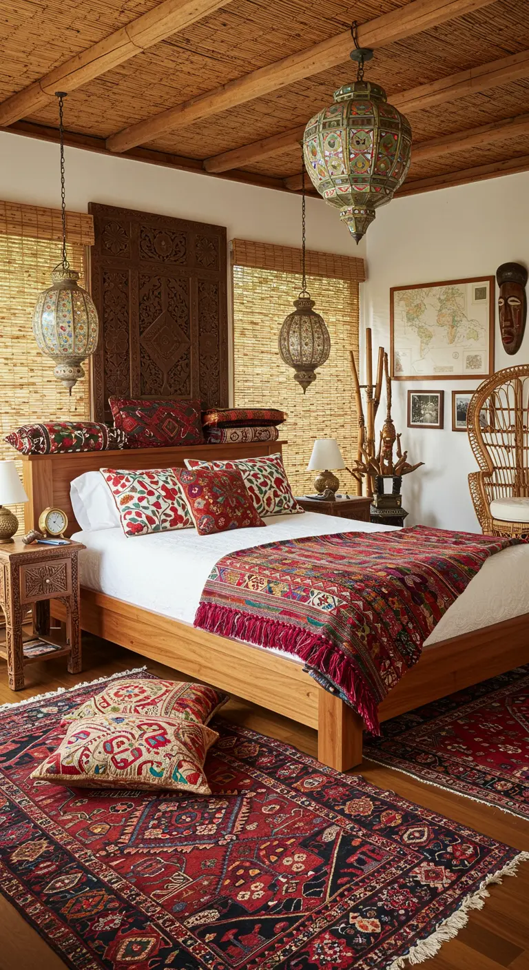 Etnisch ingerichte slaapkamer met houten paneel, kleurrijke kleden en wereldse decoratie.