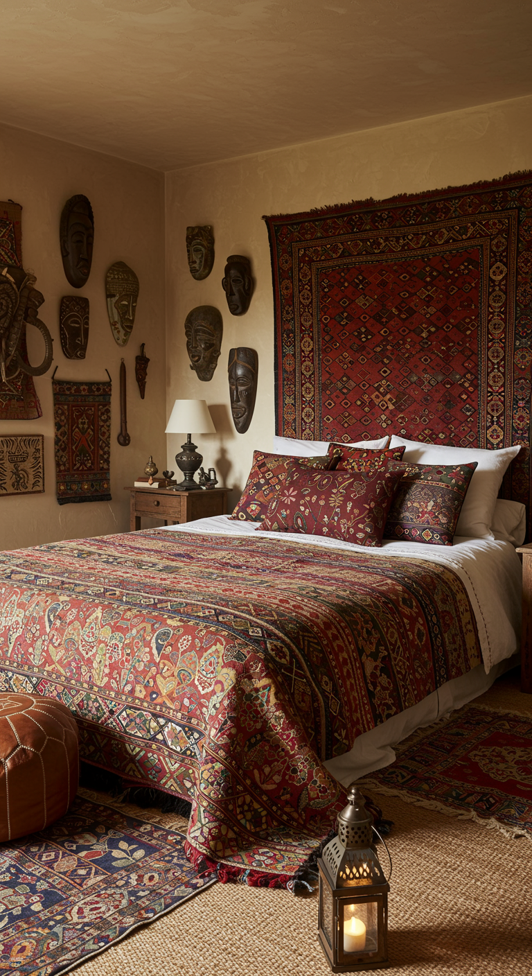 Slaapkamer met etnische invloeden, tapijt als hoofdbord, maskers aan de muur en warme kleuren.