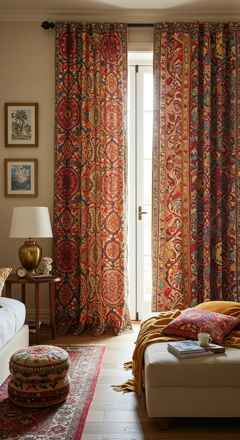 Bohemian slaapkamer met kleurrijke gordijnen met etnische print.