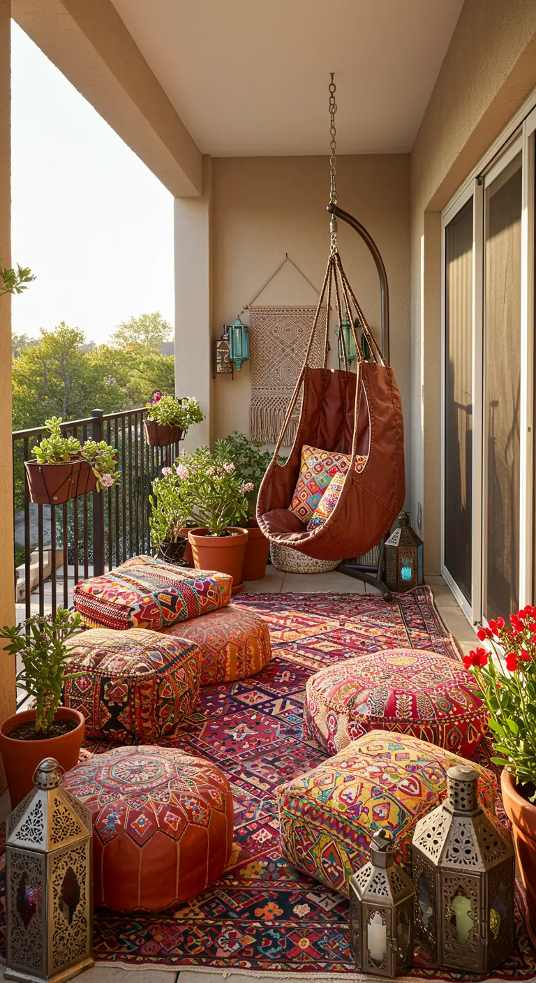 Levendig boho balkon met lederen hangstoel, kleurrijk tapijt, poefs en sfeerlichten.