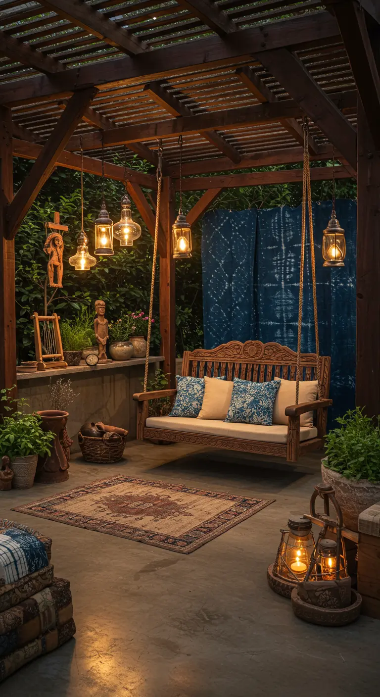 Houten schommelbank met blauw-witte kussens onder een pergola met diverse lantaarns en donkerblauwe geweven doeken, met wereldse decoratie en vloerkleed.