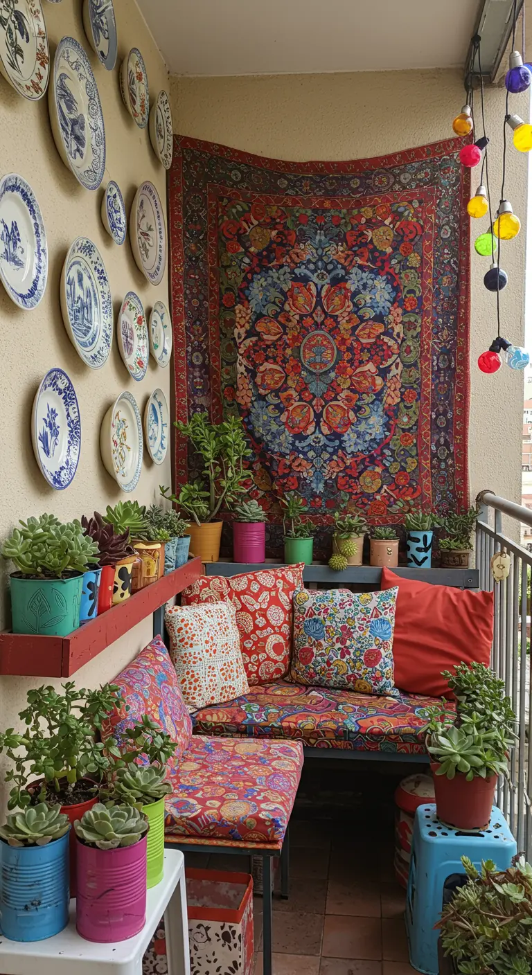 Bohemian balkon met wandborden, een groot tapijt en kleurrijke kussens en planten.