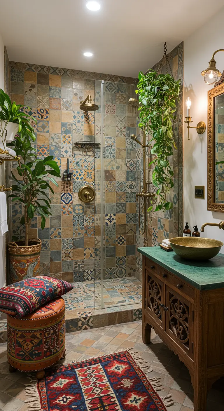 Boheemse badkamer met Marokkaanse patroontegels, messing waskom, veel planten en textiel.