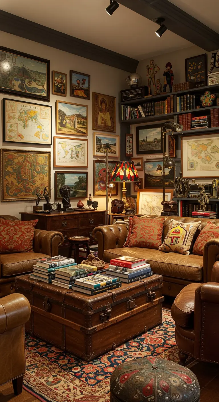 Eclectische woonkamer vol boeken, wereldkaarten, met een koffer als salontafel.
