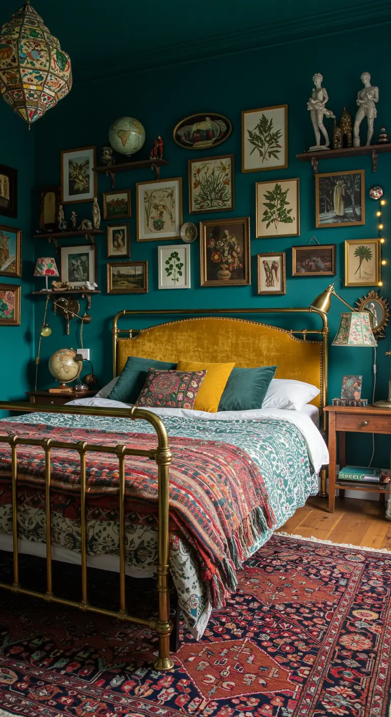 Petrolblauwe slaapkamer met gouden bed, verzameling van kunst en decoraties op muren en planken.