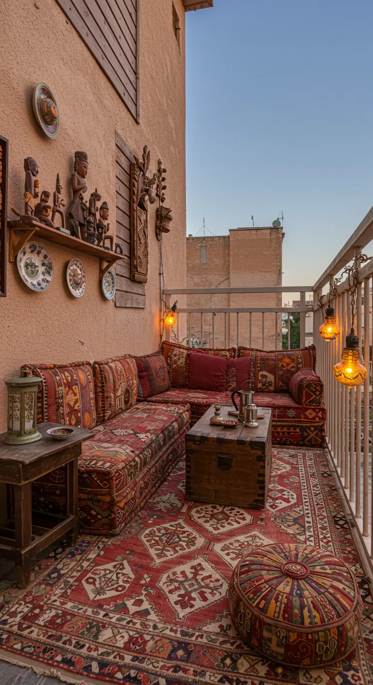 Balkon met groot Oosters buitenkleed, palletbanken en etnische decoratie.