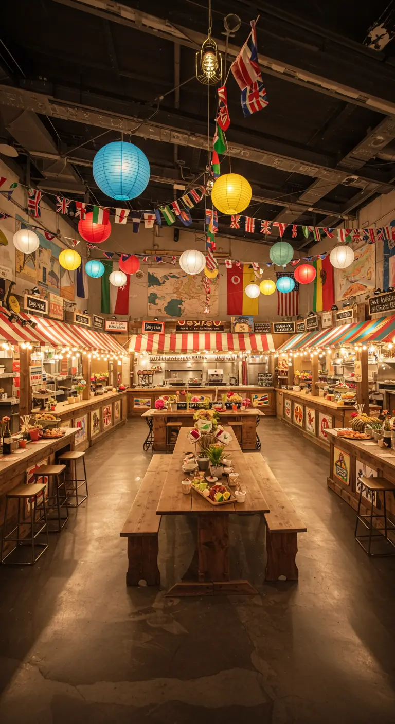 Levendige food market setting met internationale kraampjes en vlaggen.