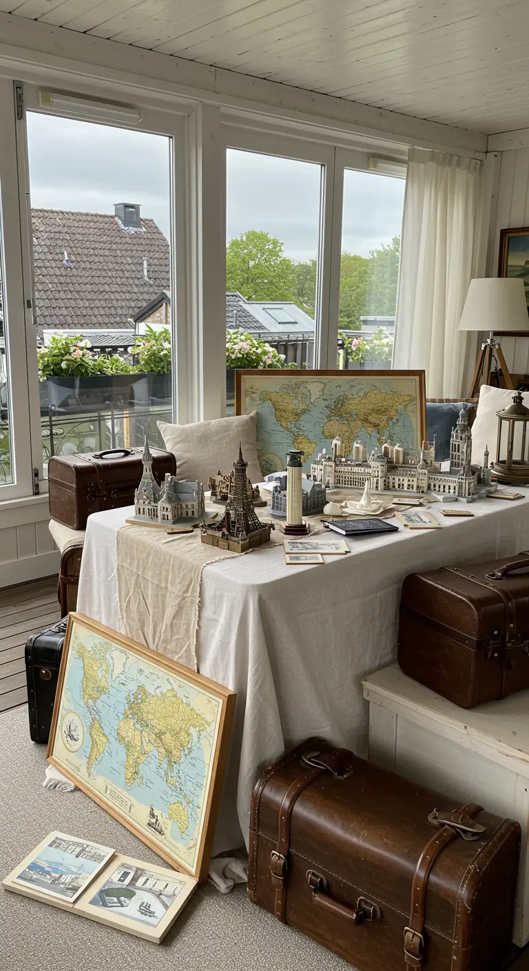 Tafel gedecoreerd met wereldkaarten, miniatuurgebouwen en vintage koffers voor een reisthema.