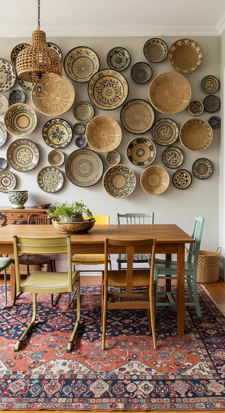 Eclectische eethoek met een muur vol geweven manden en schalen in diverse maten en patronen.