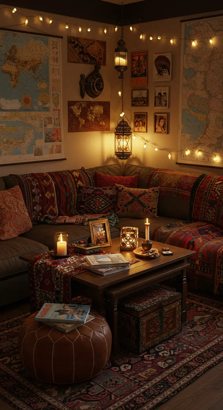 Lage houten salontafel met kaarsen, boeken en wereldse decoraties in een bohemian setting.