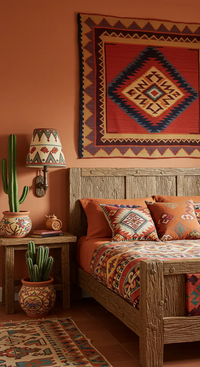 Kleurrijk etnisch wandkleed aan terracotta muur boven houten bed.