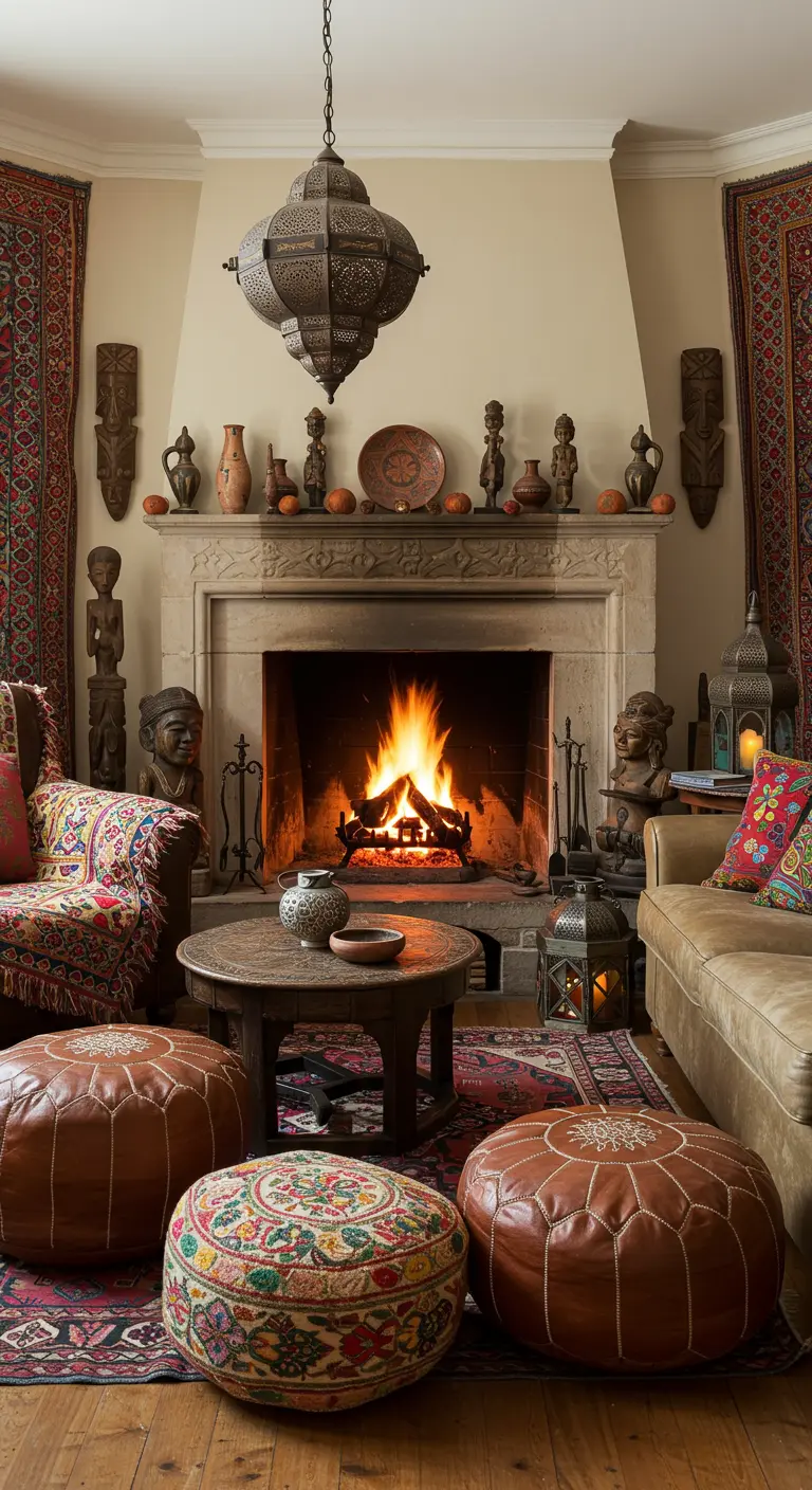 Etnisch ingerichte woonkamer met klassieke haard, kleurrijke poefs en wereldse decoraties.