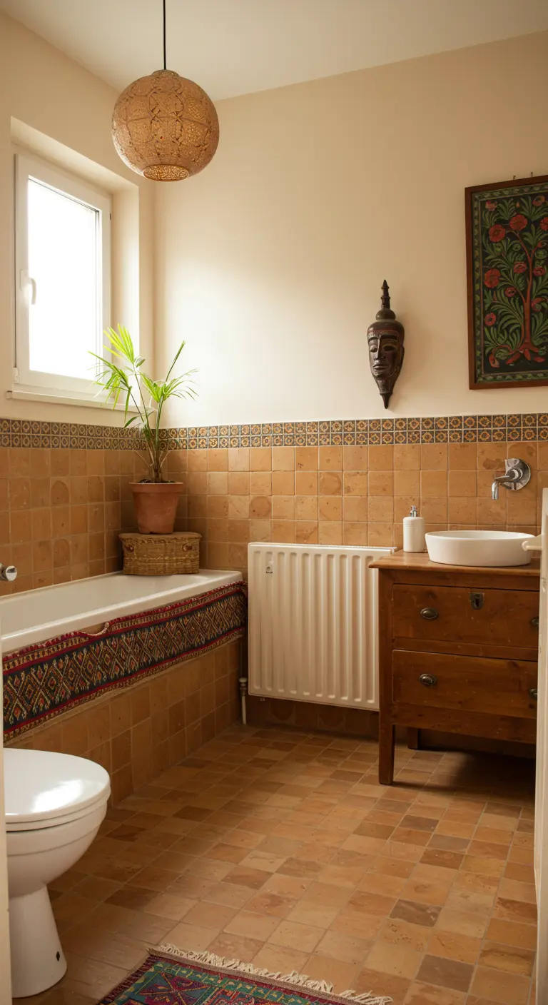 Witte radiator in een badkamer met terracotta vloertegels, houten meubel en etnische decoratieve elementen.