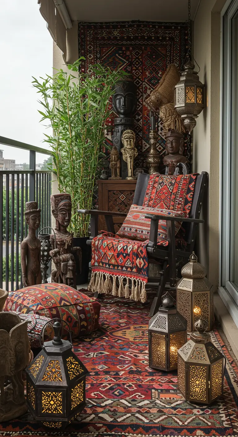 Balkonhoek met etnische decoratie, houten stoel, lantaarns en Perzisch tapijt.
