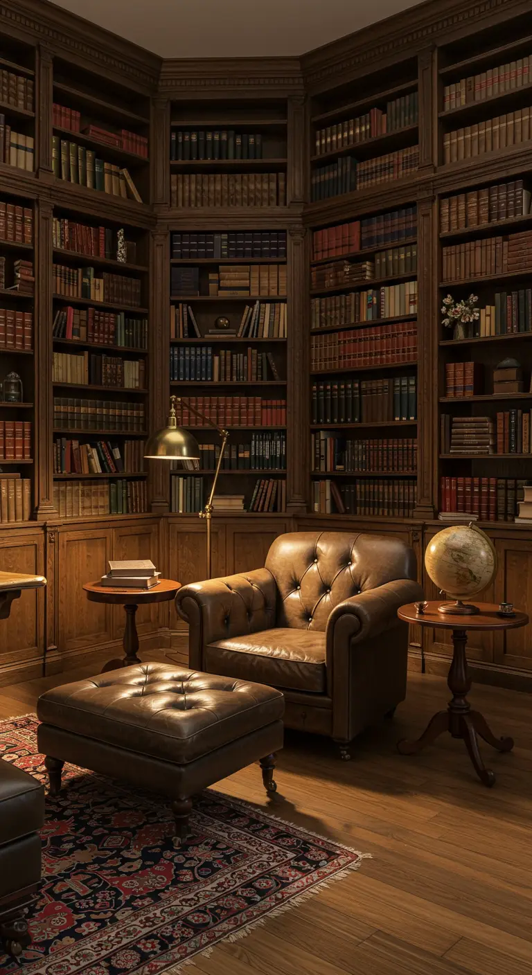 Klassieke bibliotheekhoek met donkerhouten boekenkasten, leren chesterfield fauteuil, voetenbank en wereldbol.