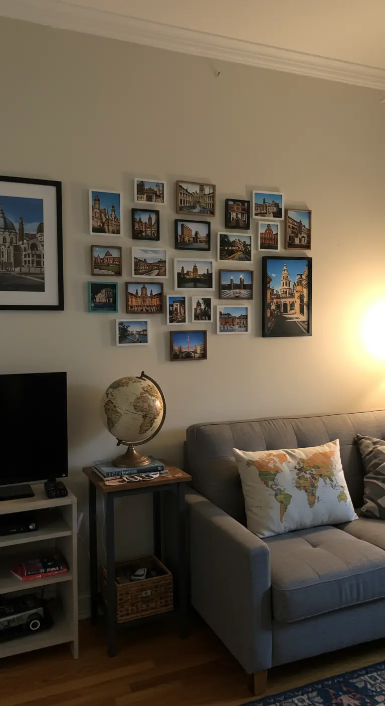 Galerijwand met reisfoto's van verschillende steden, gegroepeerd op een muur.