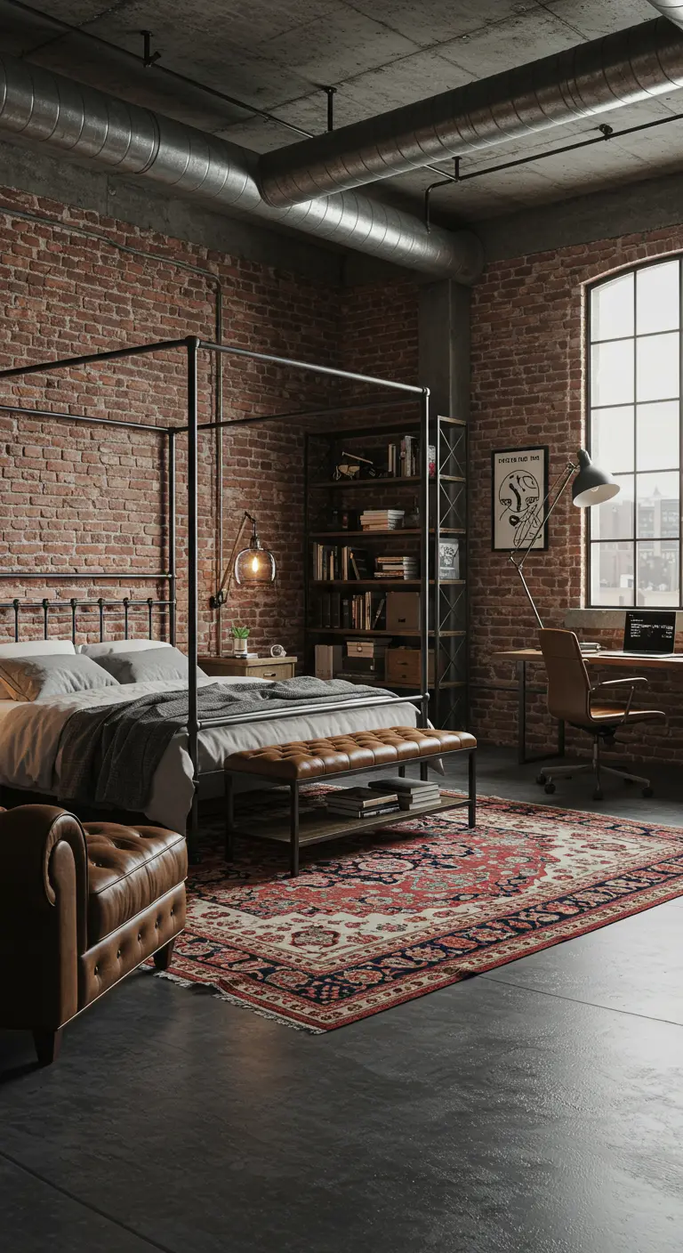 Industriële slaapkamer met bakstenen muur, metalen bed en een bureau.