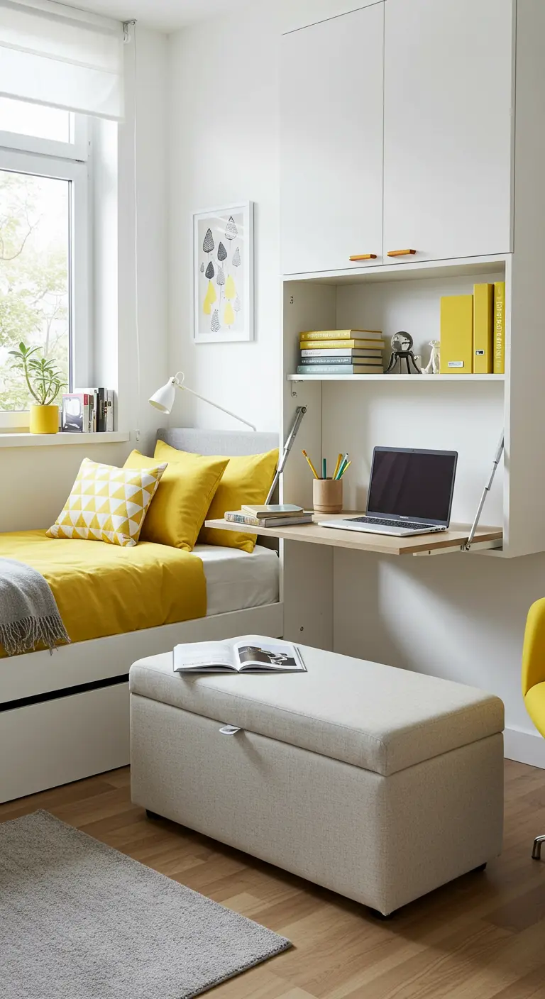 Compacte slaapkamer met een wit bed, gele accenten en een wandkast met uitklapbaar bureau.