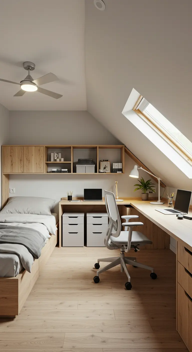 Zolderslaapkamer met bed aan de ene kant en een lang bureau onder het dakraam aan de andere.